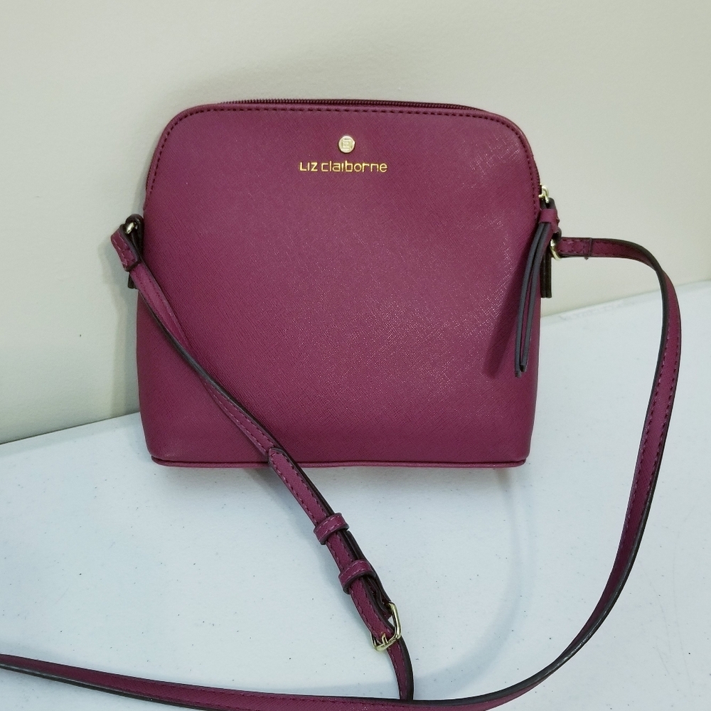 Liz Claiborne Red Burgundy Domed Zip Crossbody Purse Faux Leather Going Out